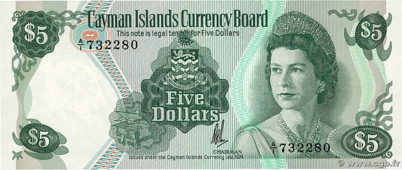 5 Dollars KAIMANINSELN  1974 P.06a fST+
