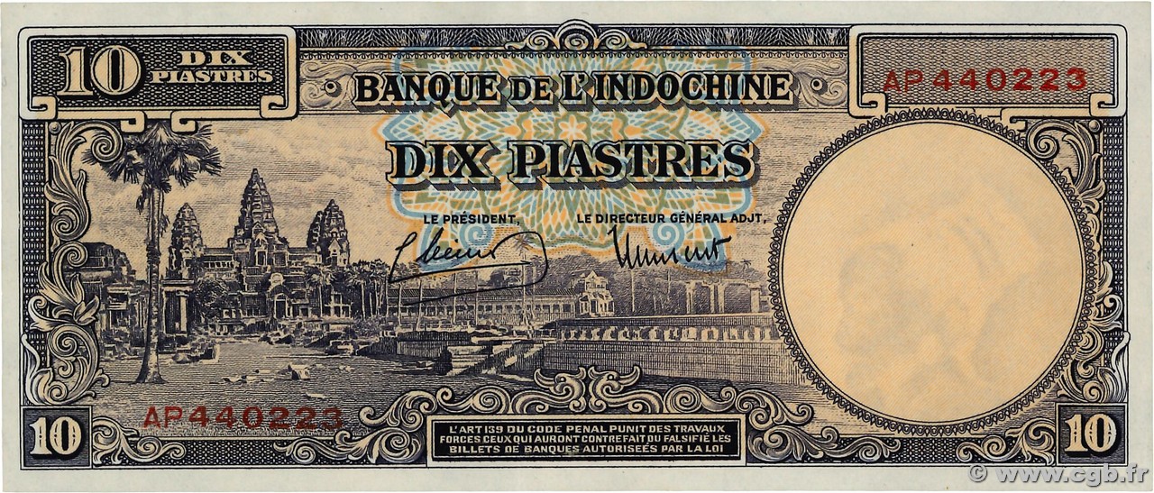 10 Piastres FRENCH INDOCHINA  1946 P.080 XF+