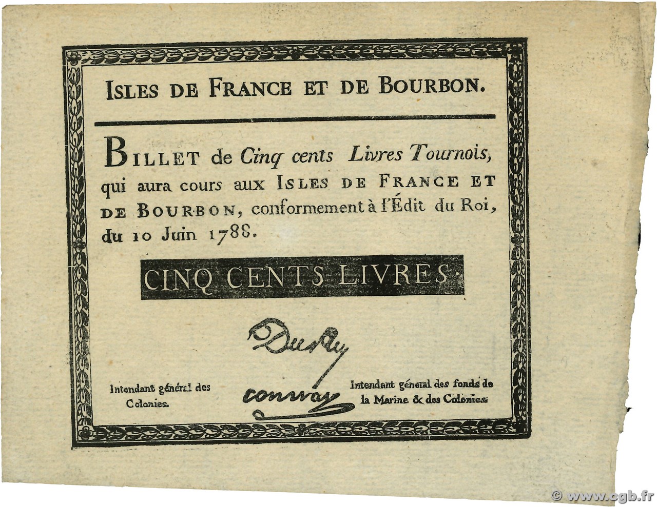500 Livres Faux ISLES OF FRANCE AND BOURBON  1788 P.12x XF