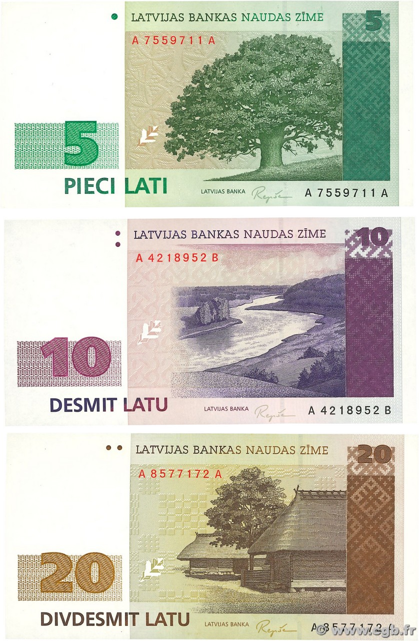 5, 10 et 20 Latu Lot LETONIA  1992 P.43, P.44 et P.45 SC+