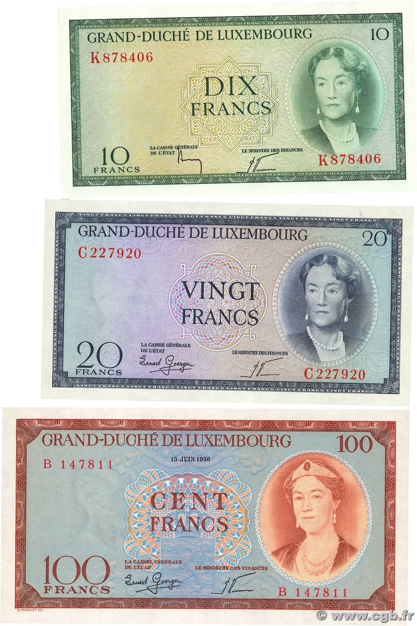 10, 20 et 100 Francs Lot LUXEMBURGO  1955 P.48a, P.49a et P.50a SC+