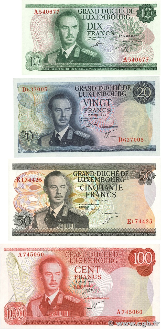 10 au 100 Francs Lot LUSSEMBURGO  1966 P.53a, P.54a, P.55b et P.56a q.FDC