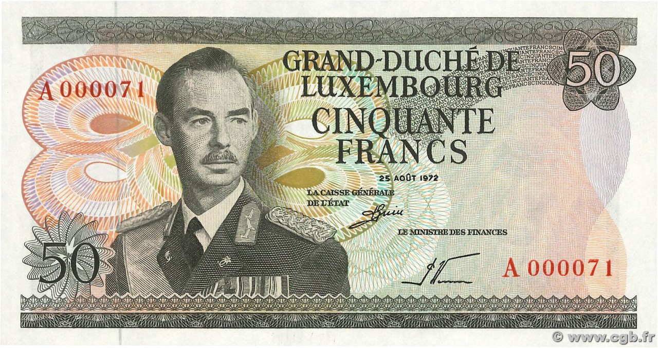 50 Francs Petit numéro LUSSEMBURGO  1972 P.55a FDC