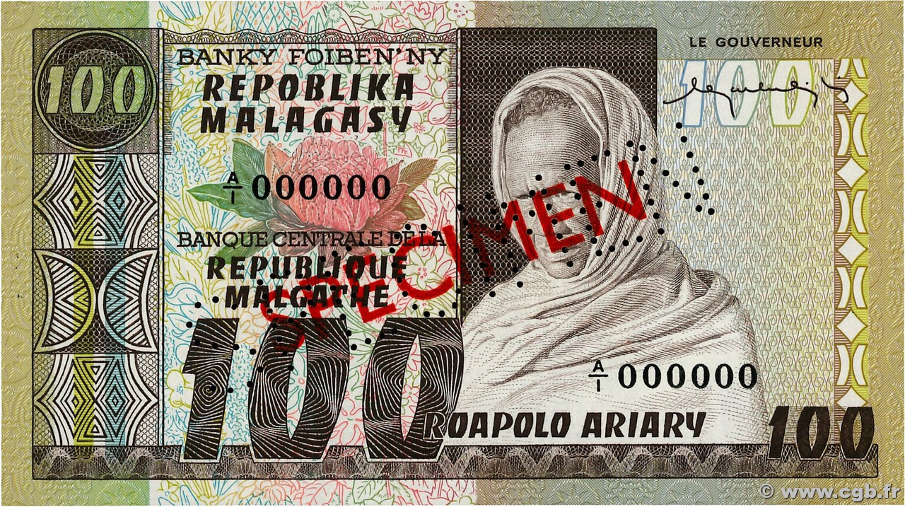 100 Francs - 20 Ariary Spécimen MADAGASCAR  1974 P.063s FDC