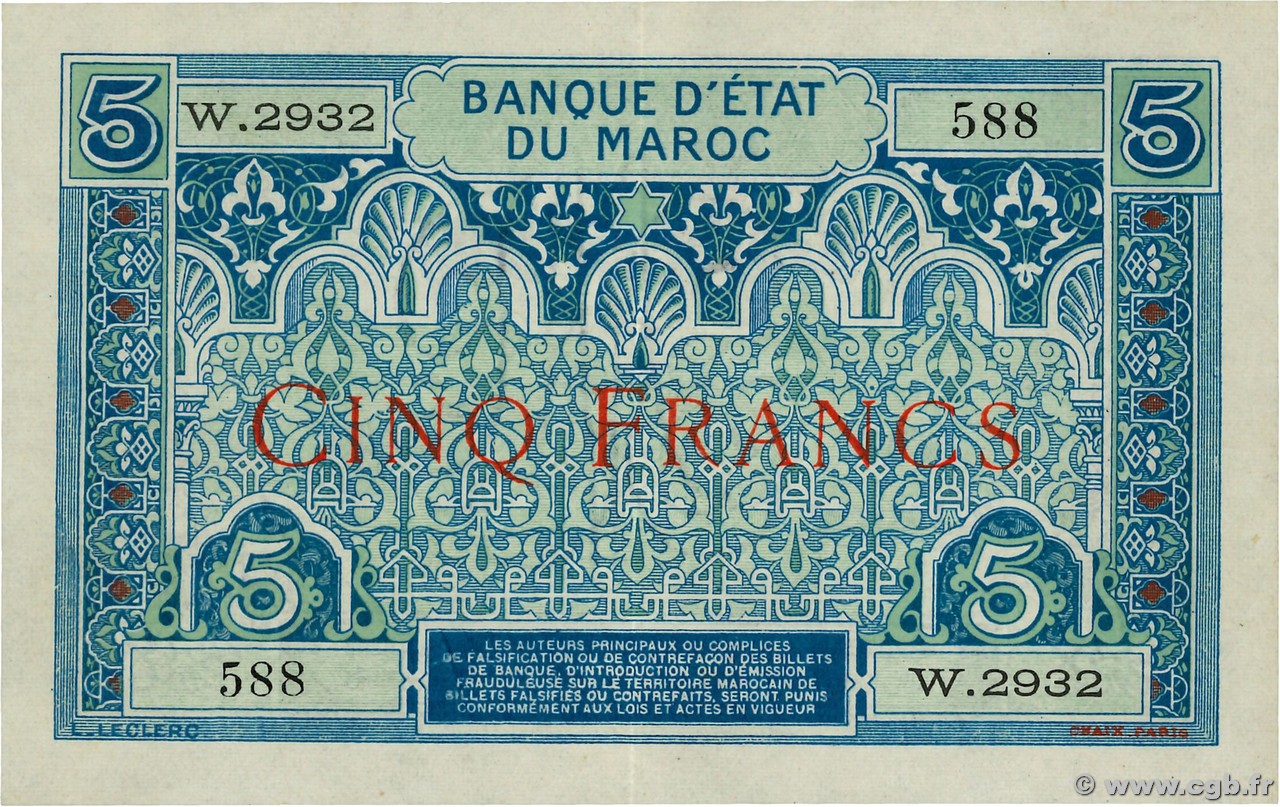 5 Francs MOROCCO  1924 P.09 AU-