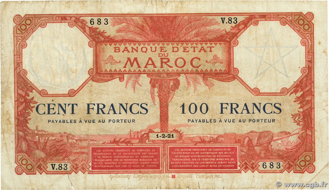 100 Francs MARUECOS  1921 P.14 RC+