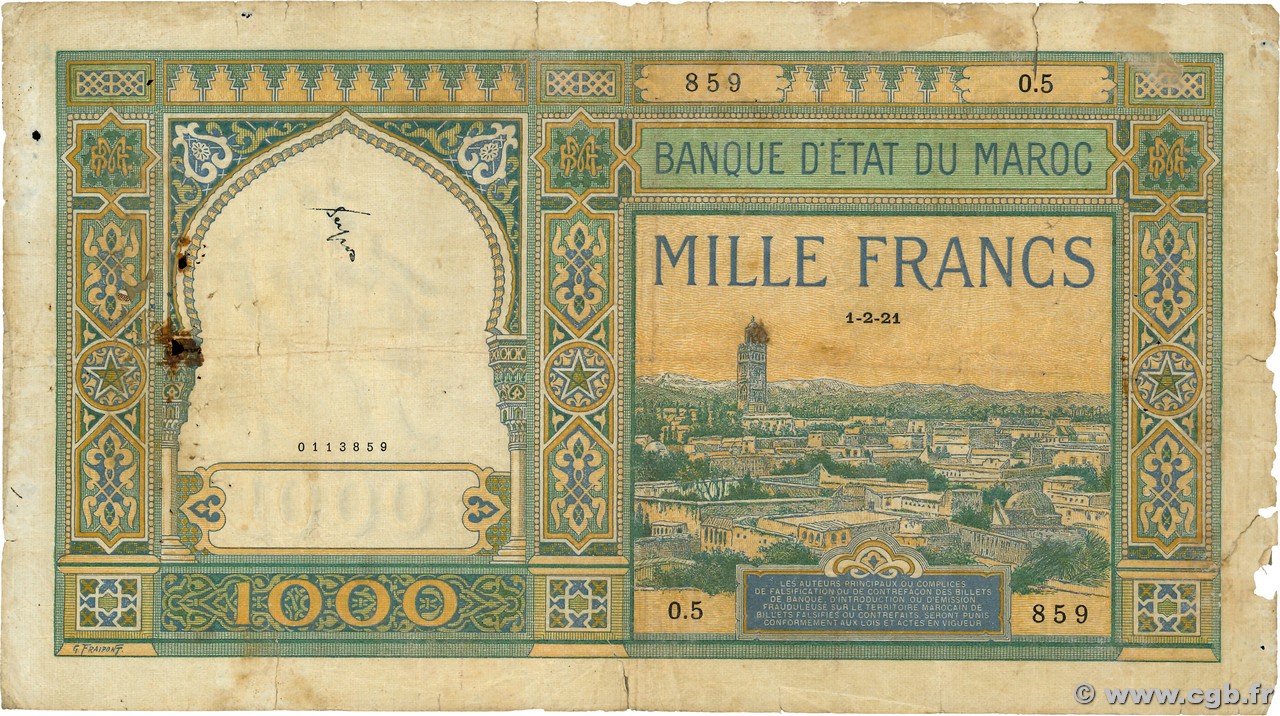 1000 Francs MAROCCO  1921 P.16a q.B
