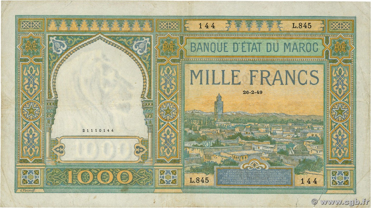 1000 Francs MAROKKO  1949 P.16c fS