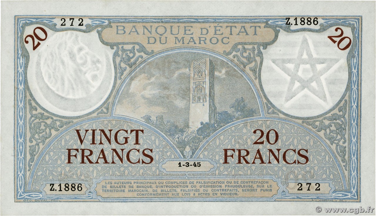 20 Francs MOROCCO  1945 P.18b AU
