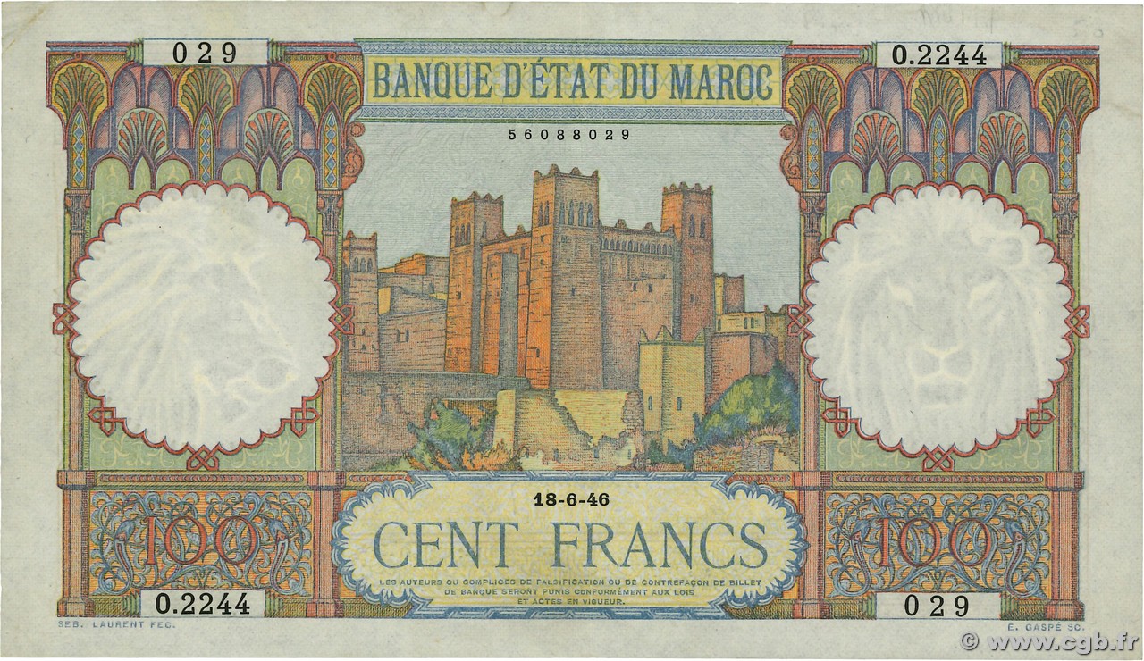 100 Francs MARUECOS  1946 P.20 MBC