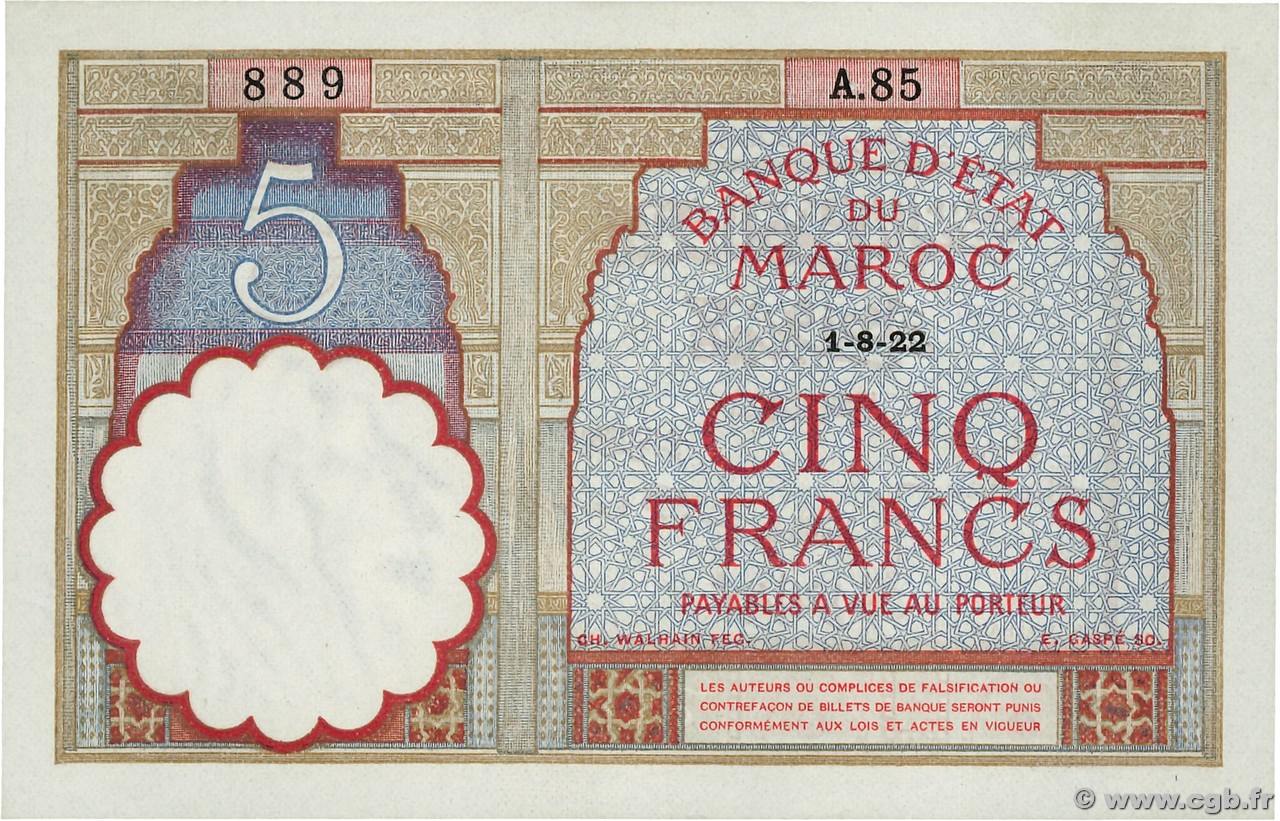 5 Francs MAROKKO  1922 P.23Aa fST