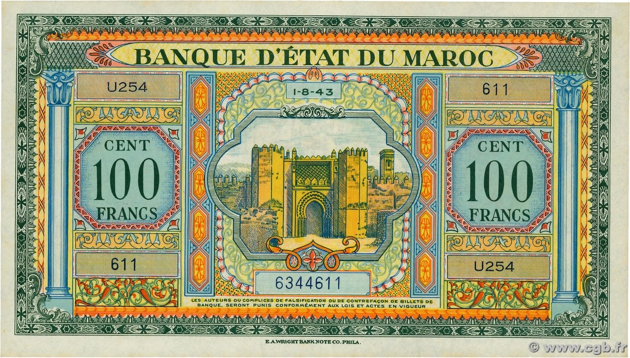 100 Francs MOROCCO  1943 P.27a AU-