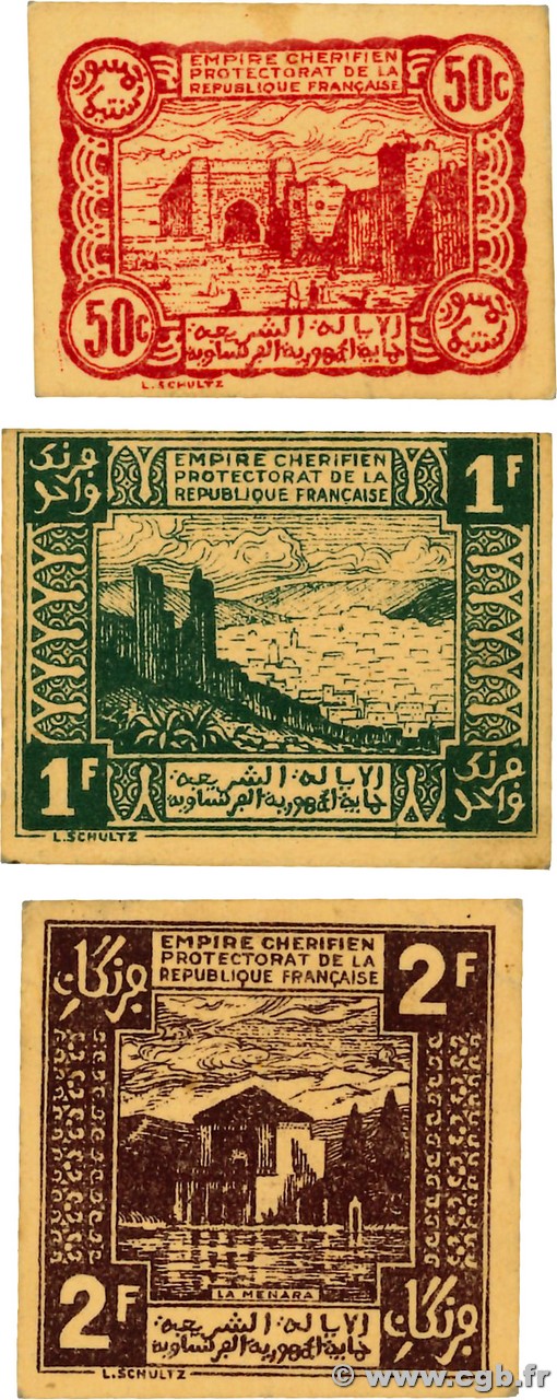 50 centimes, 1 et 2 Francs Lot MAROCCO  1944 P.41/42/43 AU