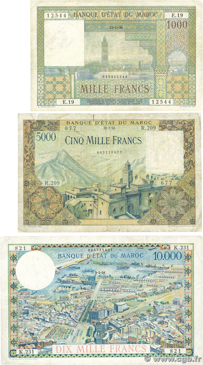 1000, 5000 et 10000 Francs Lot MAROKKO  1953 P.47, P.49 et P.50 fS