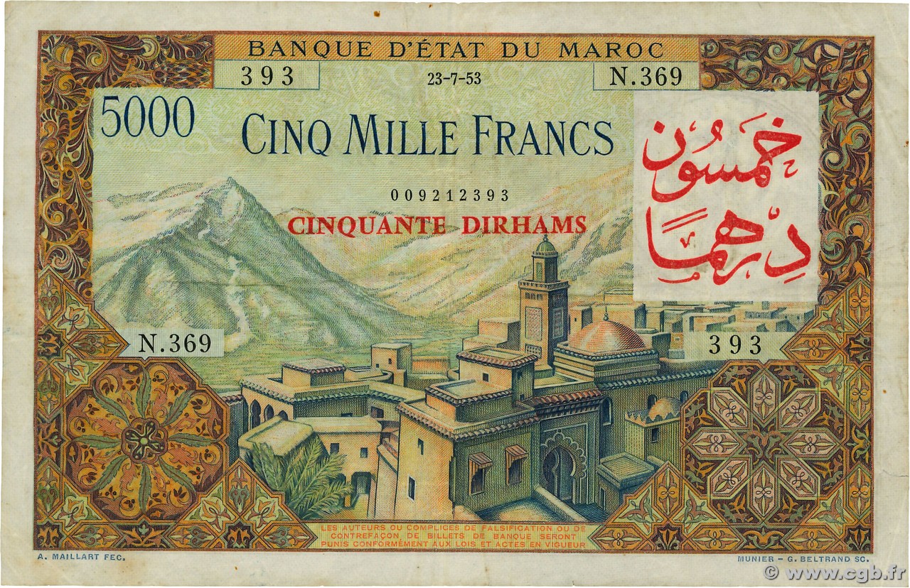 50 Dirhams sur 5000 Francs MARUECOS  1953 P.51 BC