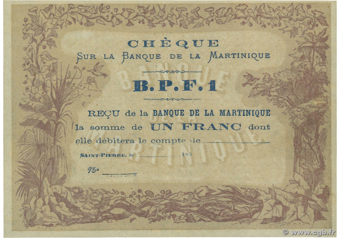 1 Franc  Non émis MARTINIQUE  1870 P.05A VZ