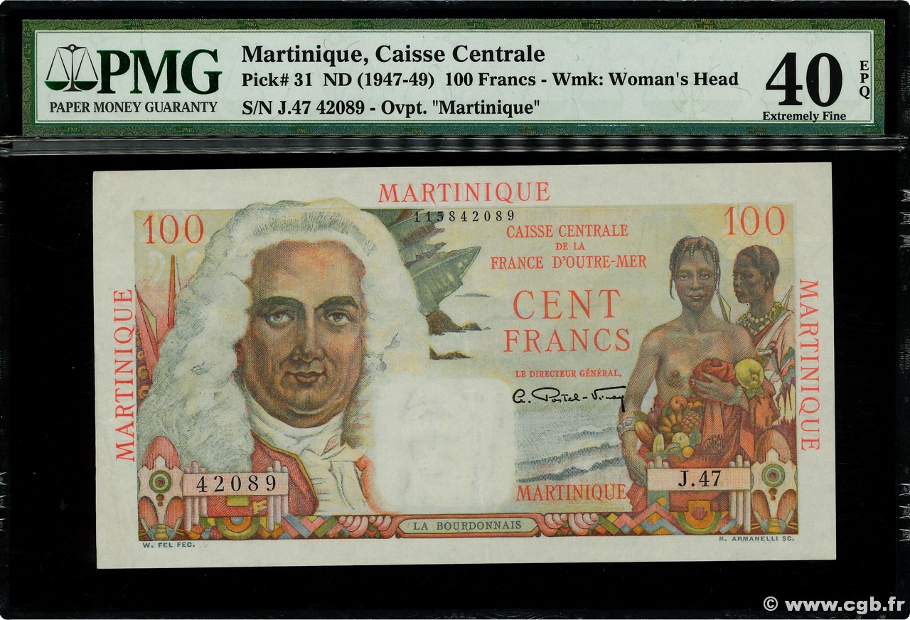 100 Francs La Bourdonnais MARTINIQUE  1946 P.31a MBC+