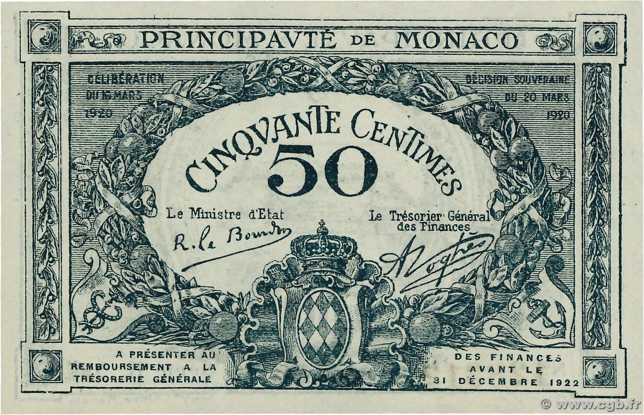50 Centimes MONACO  1920 P.03a q.FDC