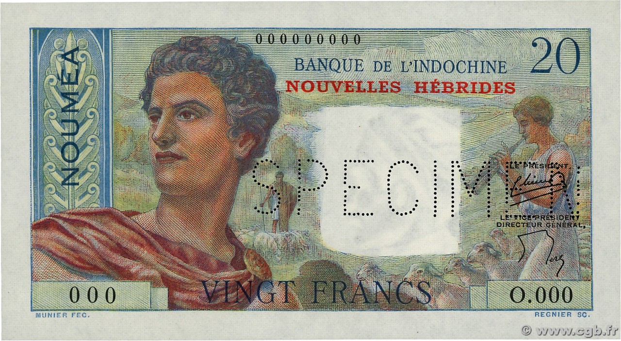 20 Francs Spécimen NOUVELLES HÉBRIDES  1941 P.08as NEUF