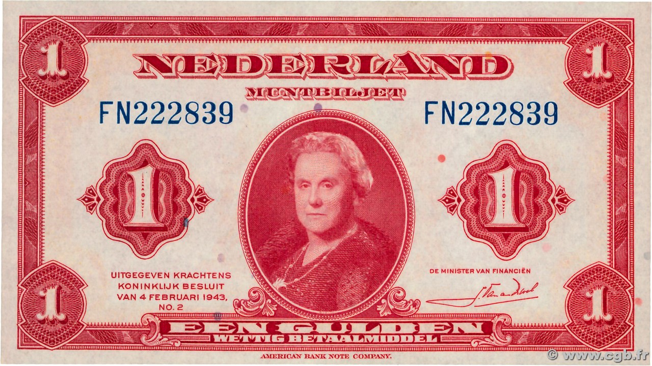 1 Gulden NETHERLANDS  1943 P.064a UNC