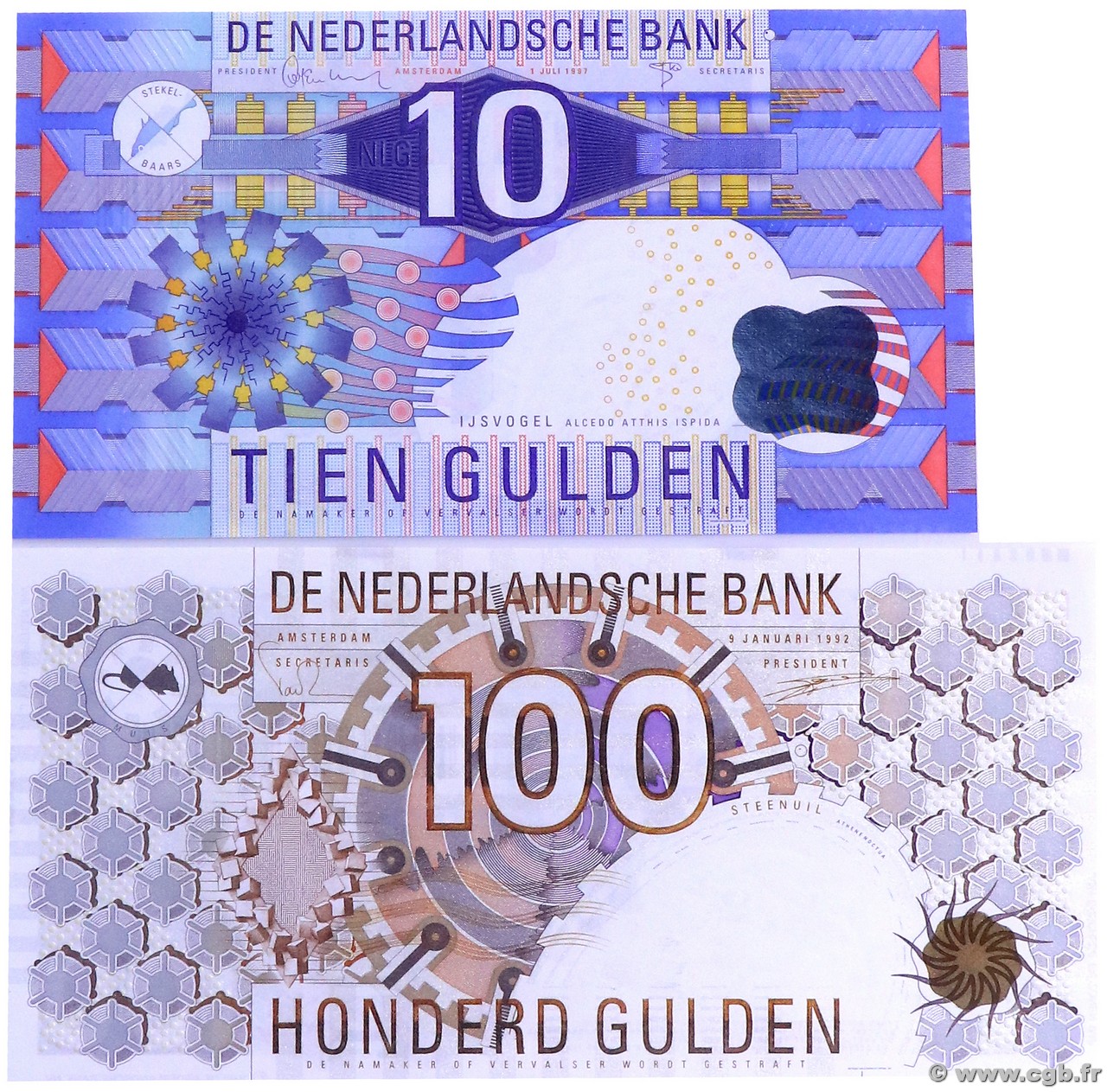 10 et 100 Gulden Lot PAYS-BAS  1989 P.099 et  P.101 NEUF