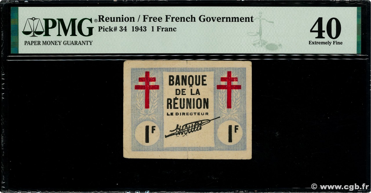 1 Franc Croix de Lorraine ISLA DE LA REUNIóN  1943 P.34 MBC+