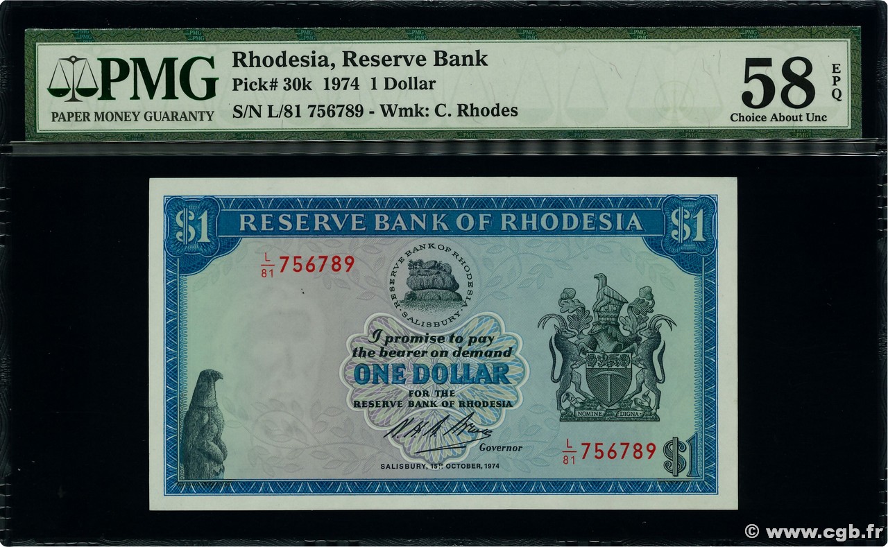 1 Dollar RHODÉSIE  1974 P.30k SPL