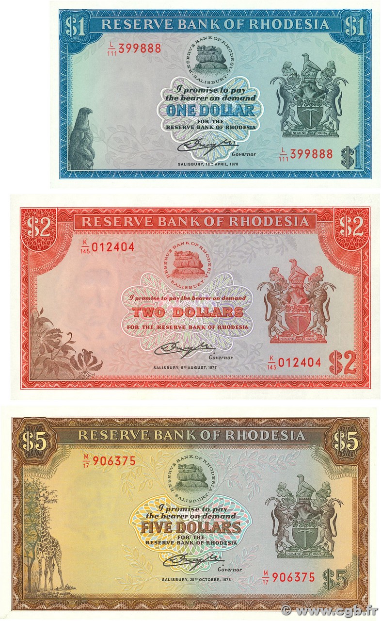 1, 2 et 5 Dollars Lot RHODESIA  1977 P.34c, P.35b et P.36b q.FDC