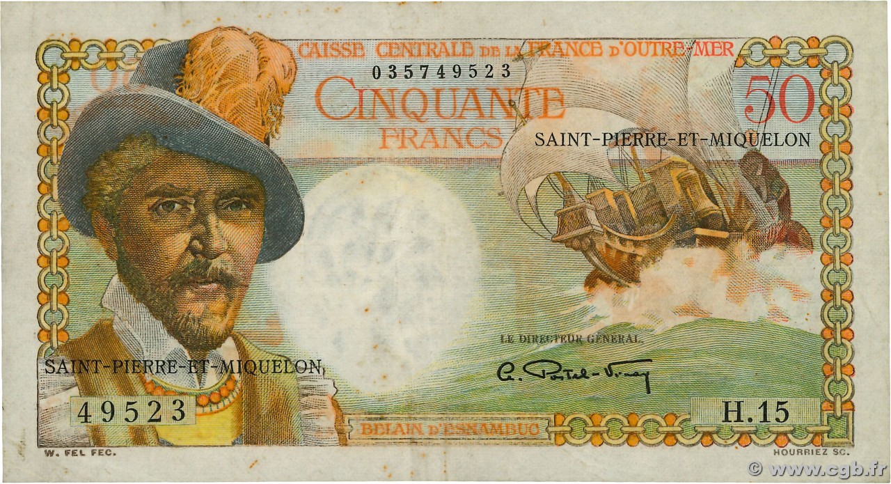 50 Francs Belain d Esnambuc SAN PEDRO Y MIGUELóN  1946 P.25 BC