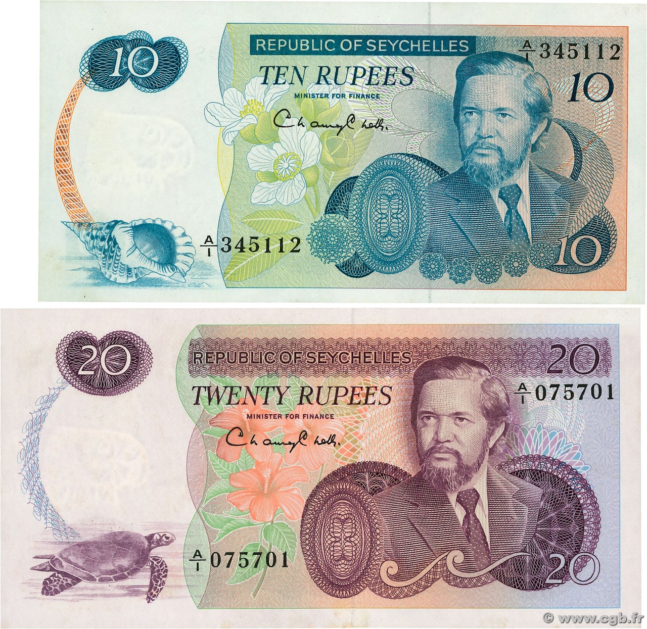 10 et 20 Rupees Lot SEYCHELLES  1976 P.19a et P.20a SPL