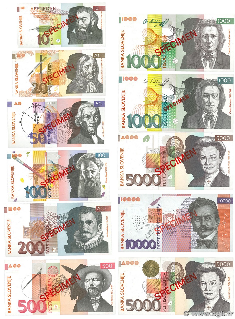 10 au 10000 Tolarjev Spécimen SLOVENIA  1992 P.11s au P.21s FDC