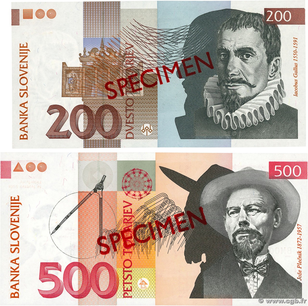 200 et 500 Tolarjev Spécimen SLOVENIA  2001 P.15cs et P.16bs UNC