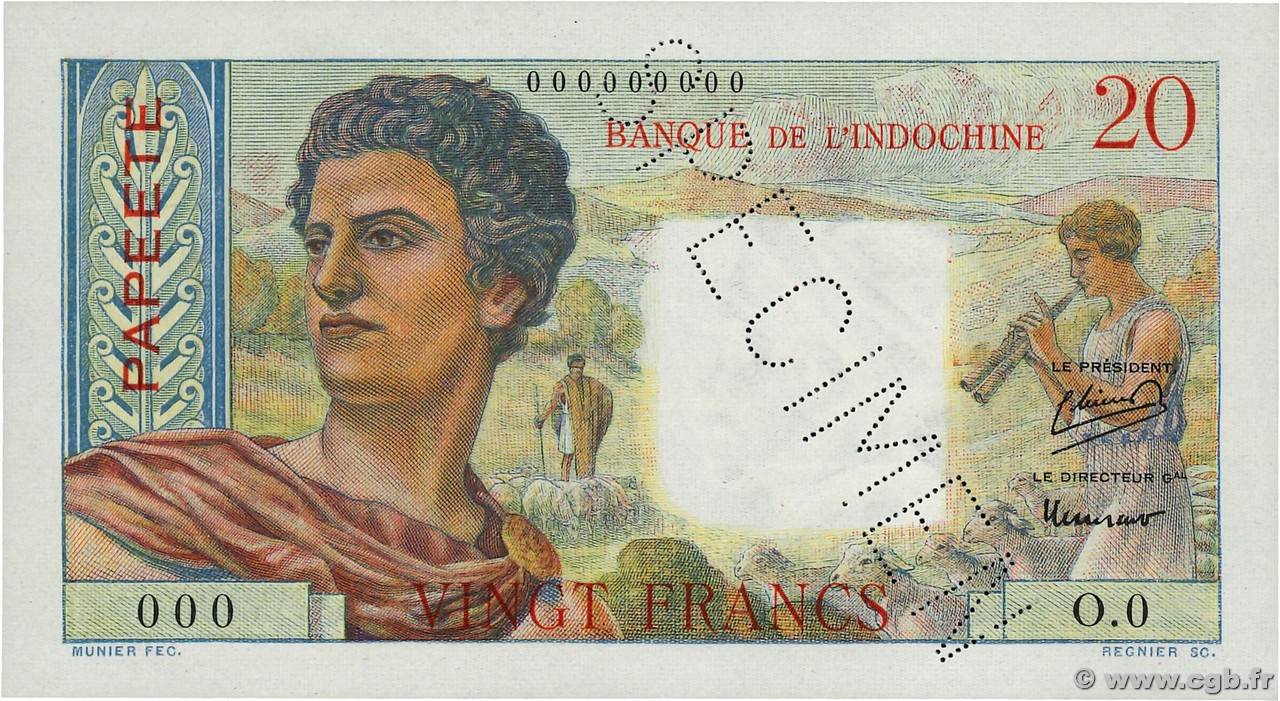 20 Francs Spécimen TAHITI  1951 P.21as FDC