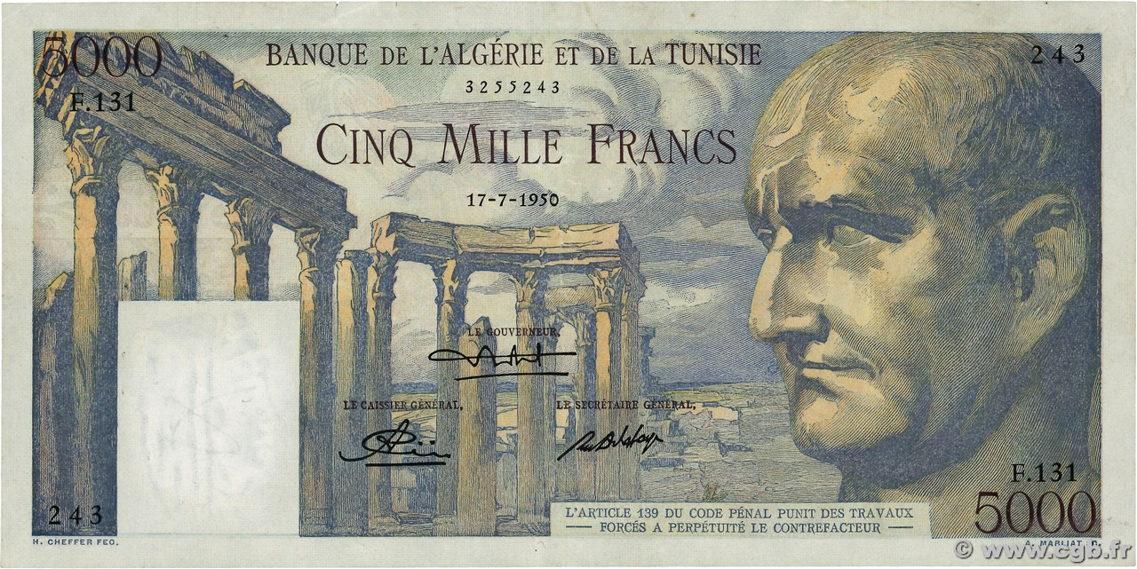 5000 Francs TUNISIA  1950 P.30 q.BB
