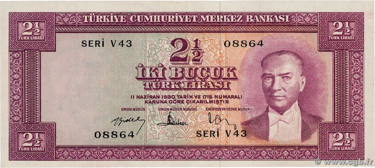 2 1/2 Lira TURKEY  1957 P.152a XF+