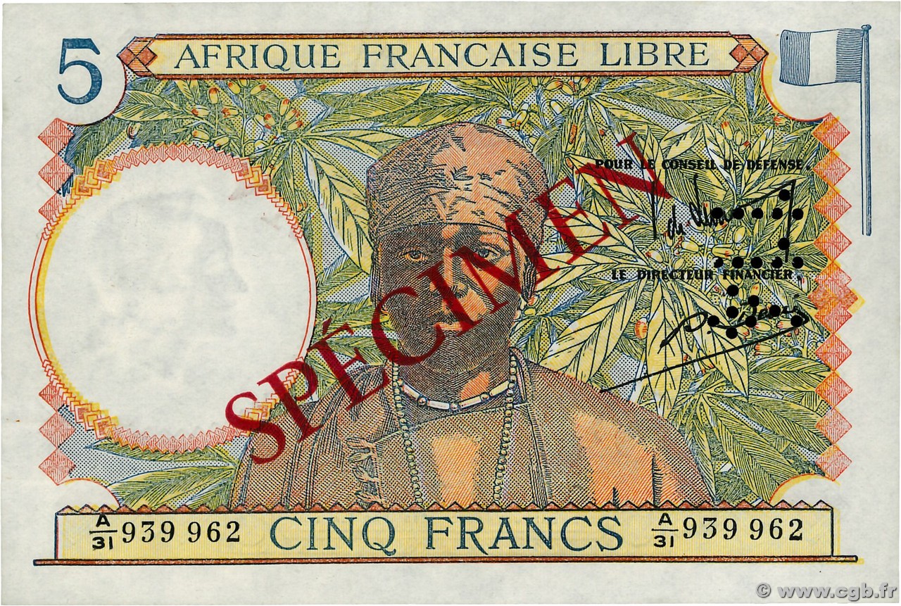 5 Francs Spécimen AFRIQUE ÉQUATORIALE FRANÇAISE Brazzaville 1941 P.06s AU+