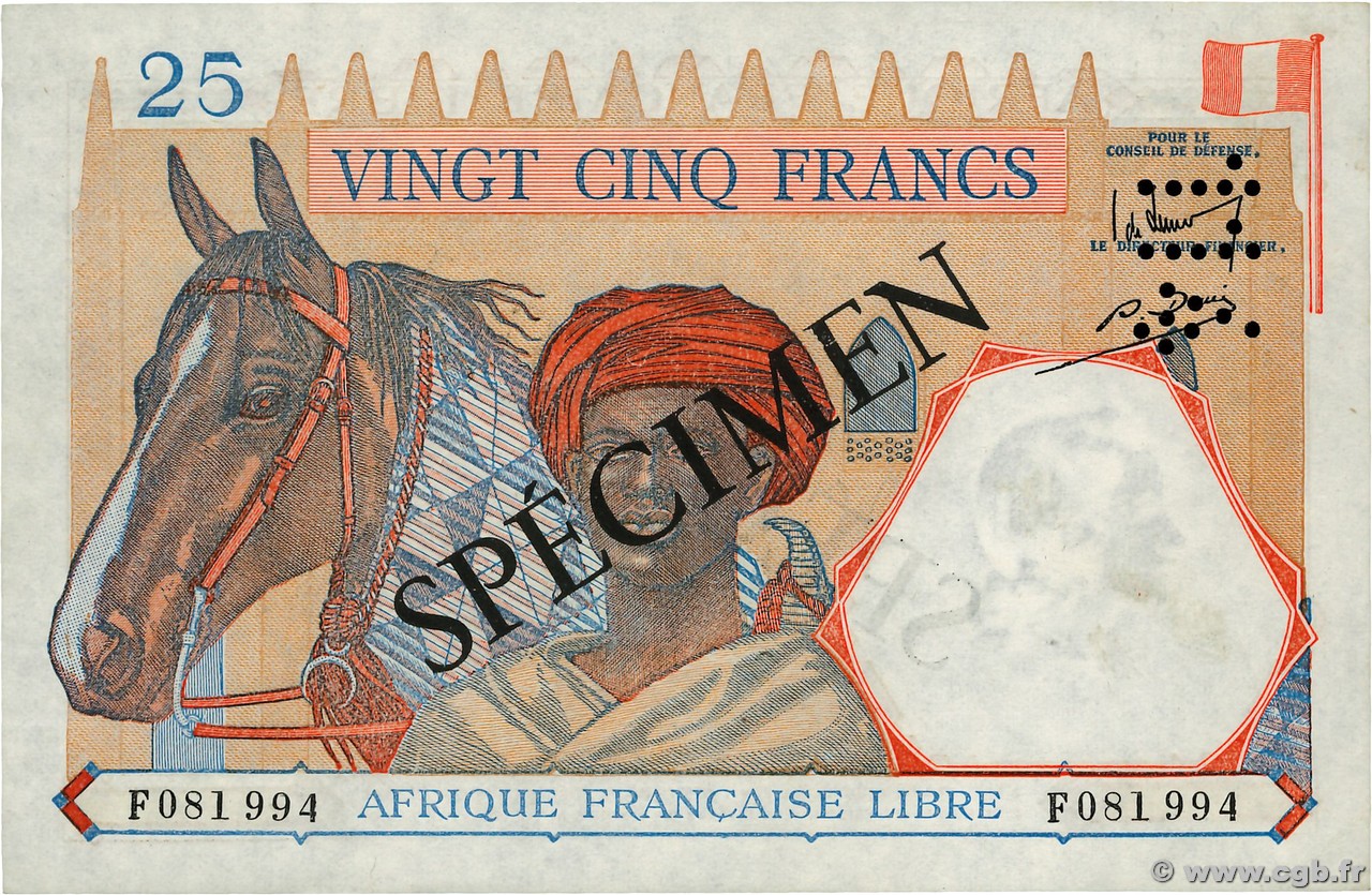 25 Francs Spécimen AFRIQUE ÉQUATORIALE FRANÇAISE Brazzaville 1941 P.07s AU+
