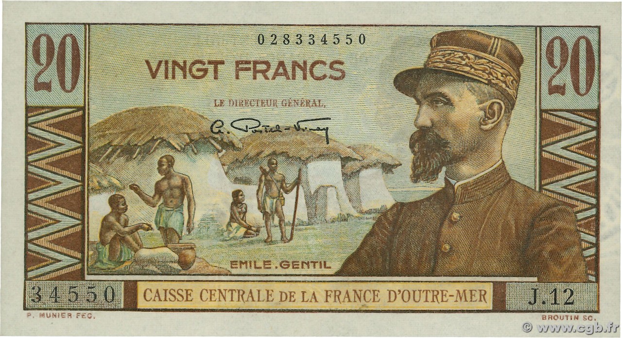 20 Francs Emile Gentil  AFRIQUE ÉQUATORIALE FRANÇAISE  1946 P.22 q.FDC