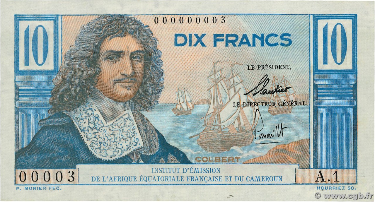 10 Francs Colbert Petit numéro AFRIQUE ÉQUATORIALE FRANÇAISE  1957 P.29 q.FDC