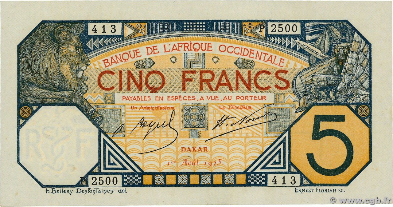 5 Francs DAKAR  FRENCH WEST AFRICA Dakar 1925 P.05Bc q.FDC