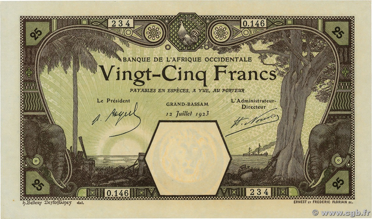 25 Francs GRAND-BASSAM  FRENCH WEST AFRICA Grand-Bassam 1923 P.07Db AU+