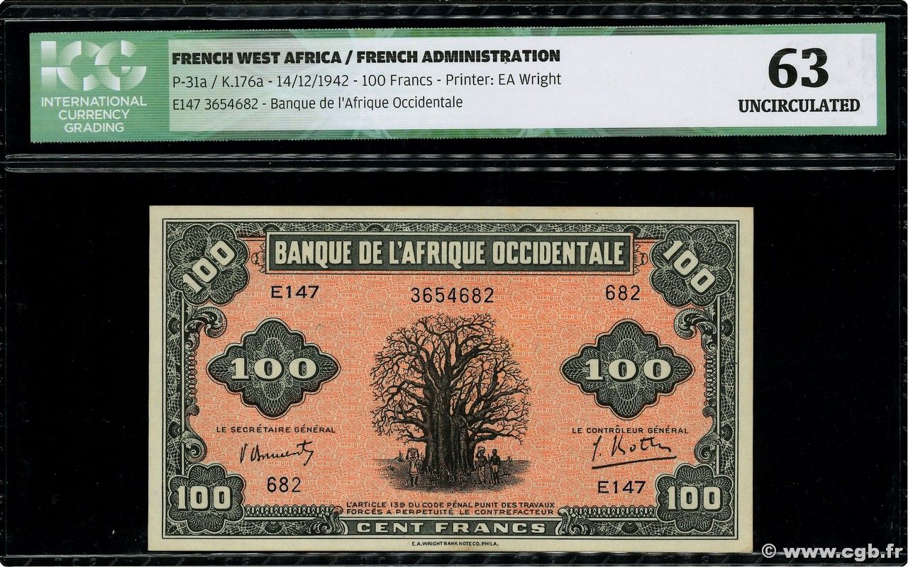 100 Francs  AFRIQUE OCCIDENTALE FRANÇAISE (1895-1958)  1942 P.31a pr.NEUF