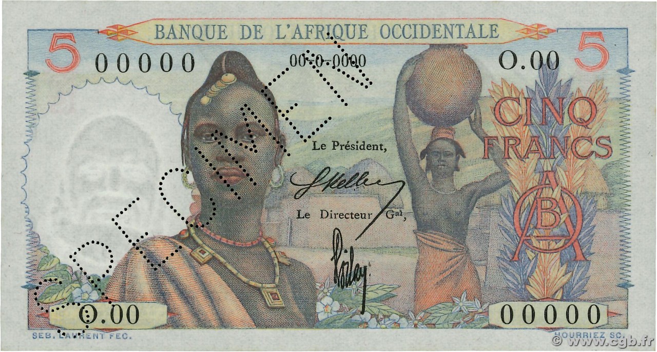 5 Francs Spécimen FRENCH WEST AFRICA  1943 P.36s q.AU