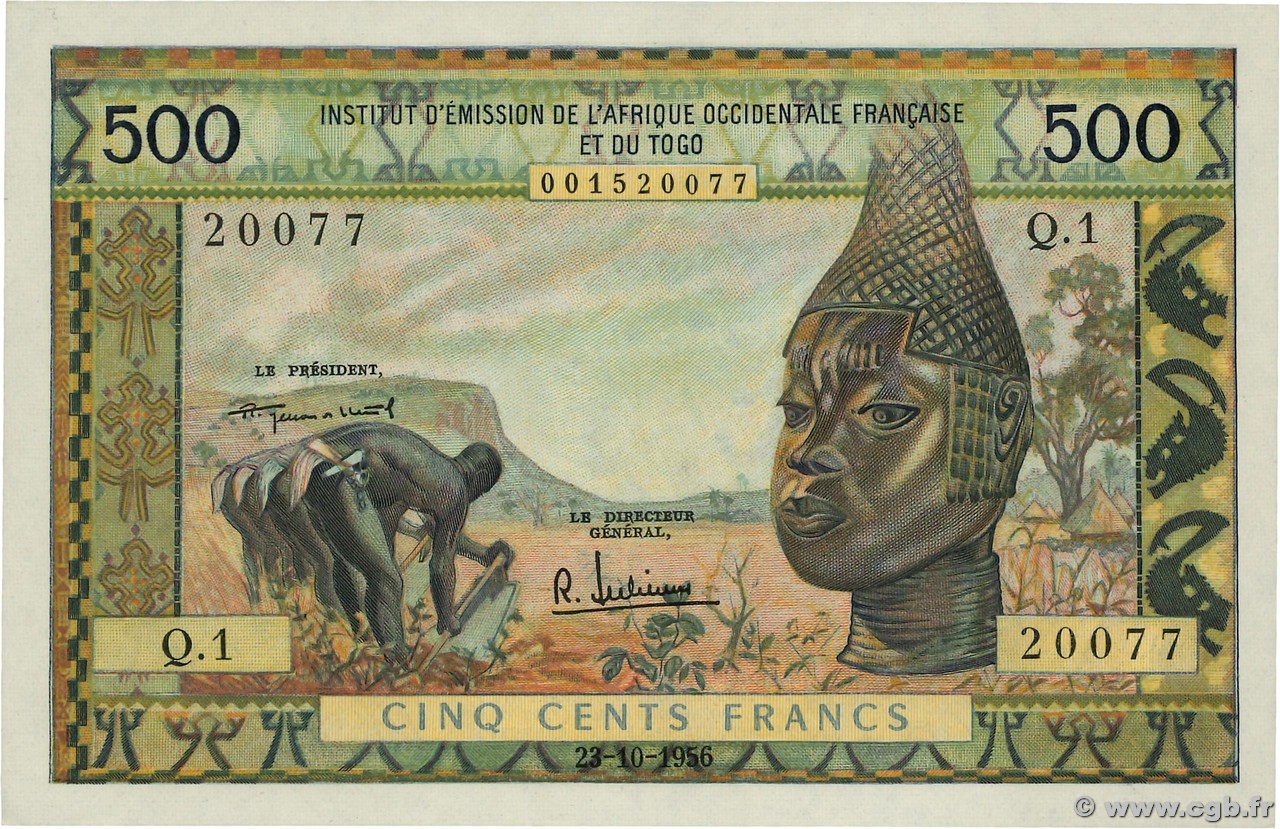500 Francs  FRENCH WEST AFRICA  1956 P.47 AU