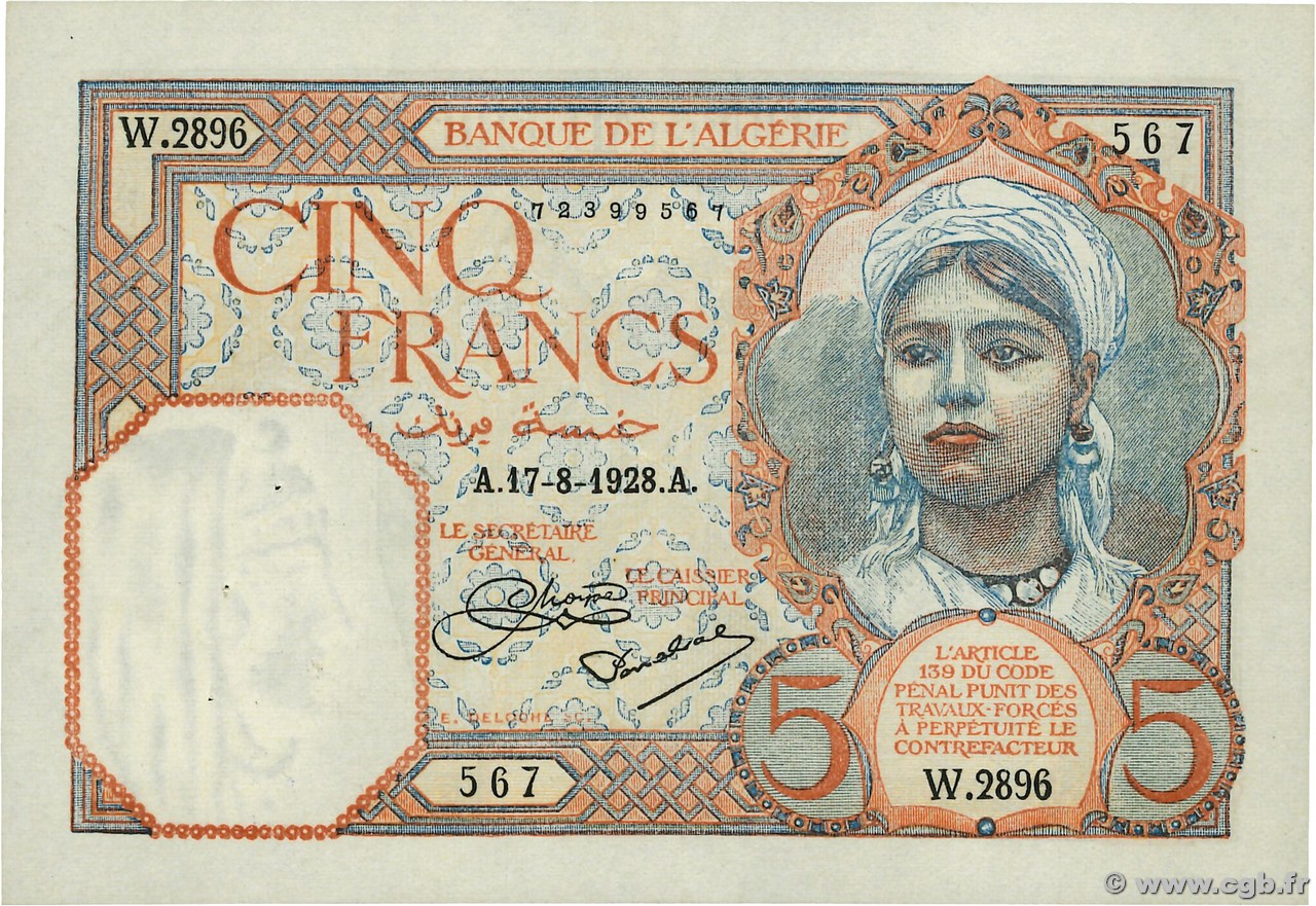 5 Francs  ALGÉRIE  1928 P.077a SUP