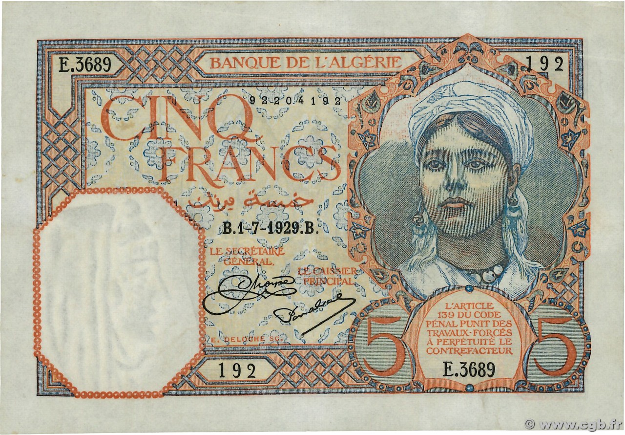 5 Francs  ALGERIA  1928 P.077a SPL+