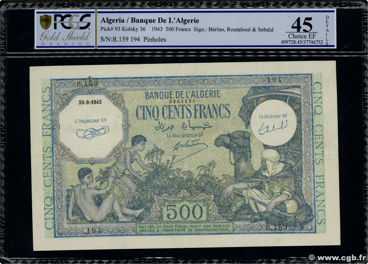 500 Francs ALGÉRIE  1943 P.093 SUP
