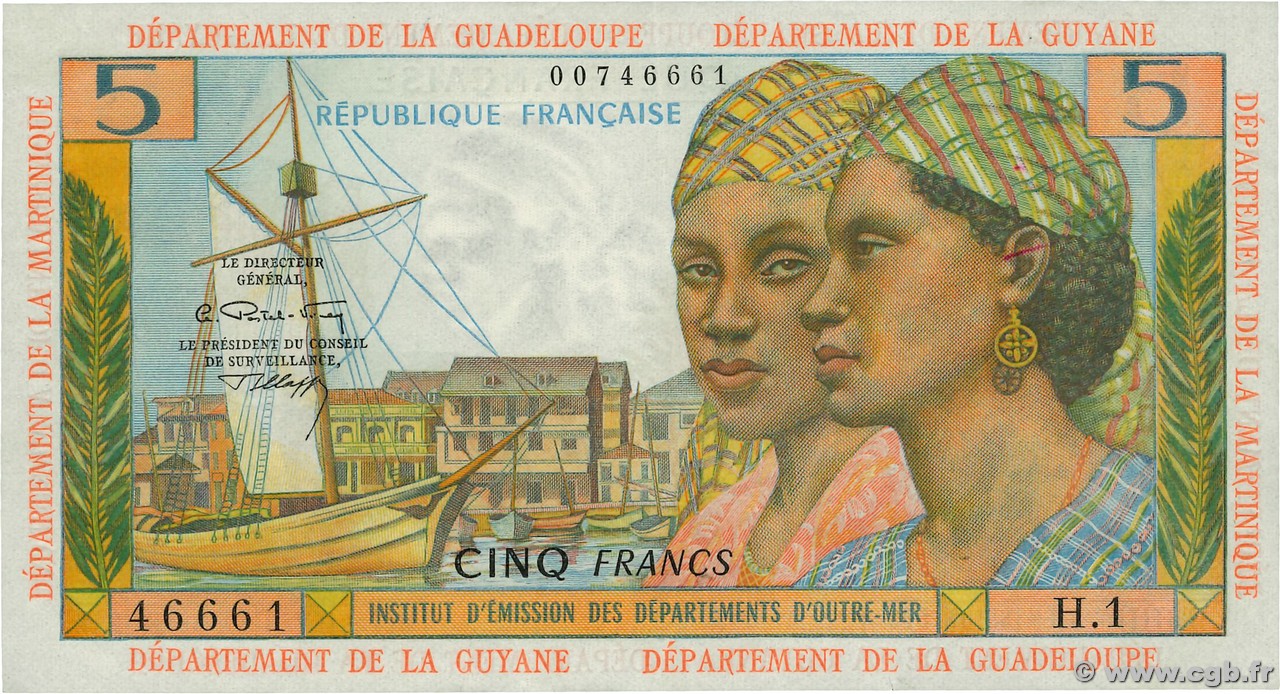 5 Francs FRENCH ANTILLES  1964 P.07b AU