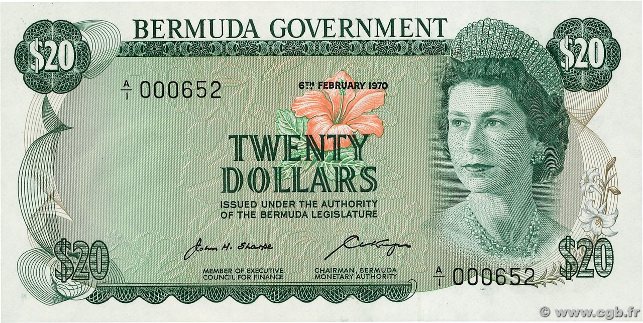20 Dollars Petit numéro BERMUDA  1970 P.26a FDC