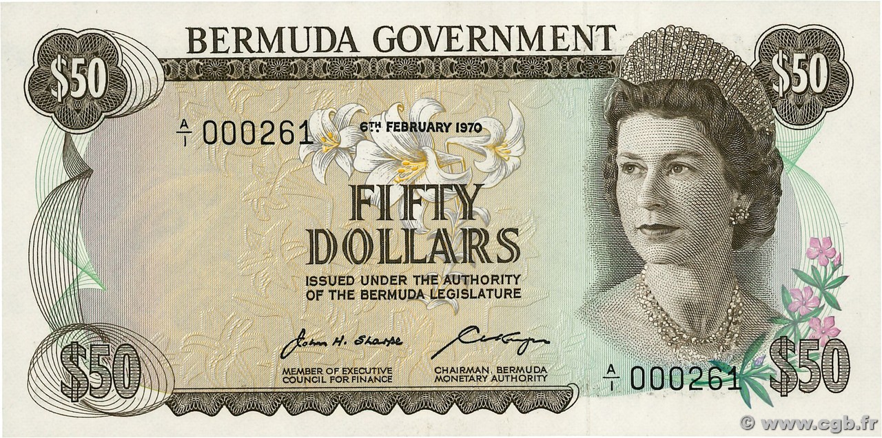 50 Dollars Petit numéro BERMUDA  1970 P.27a FDC